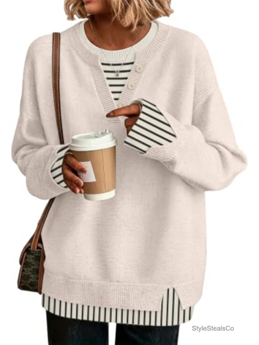 Womens Henley Sweater Pullover Button V-Neck Long Sleeve Loose Knit Teacher Top